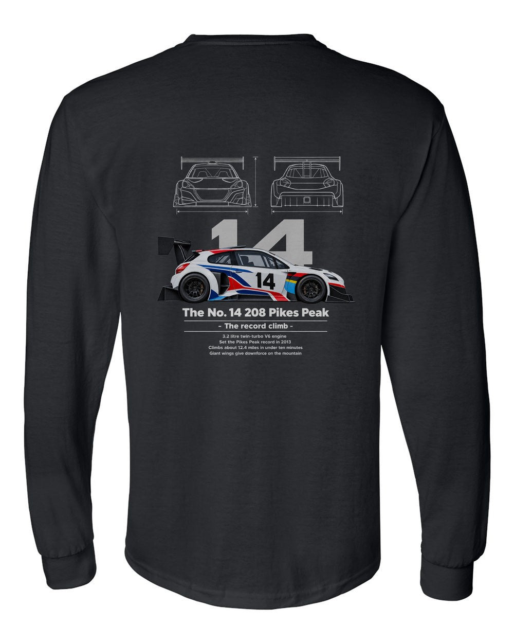 No. 14 208 Pikes Peak black long sleeve back view with the design