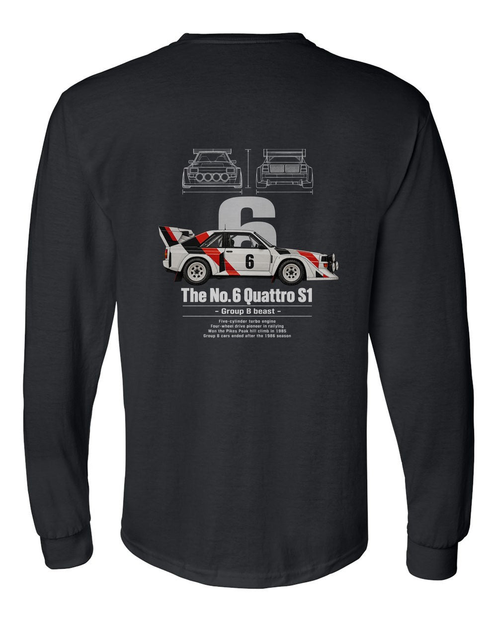 No. 6 Quattro S1 black long sleeve back view with the design