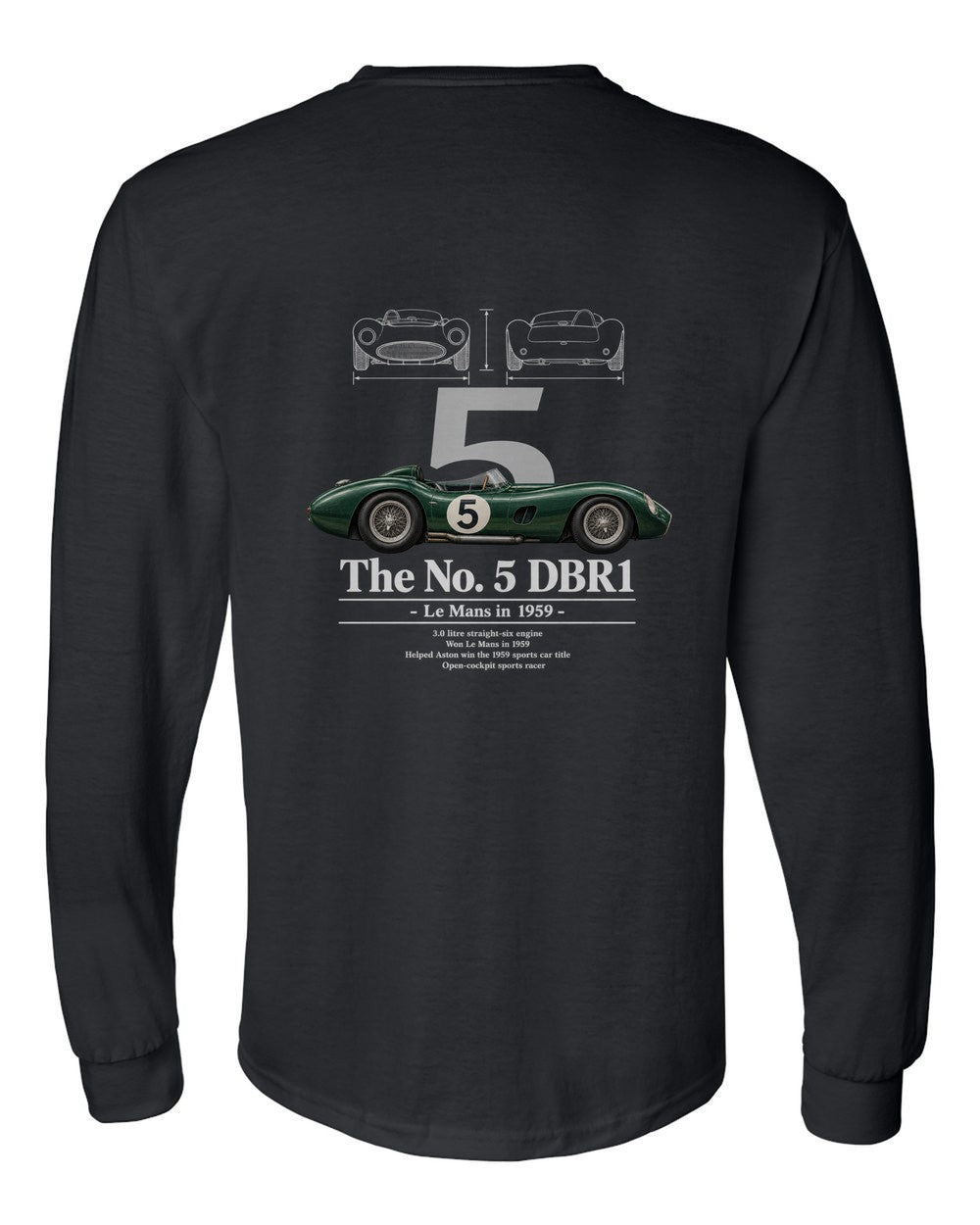 No. 5 DBR1 black long sleeve back view with the design