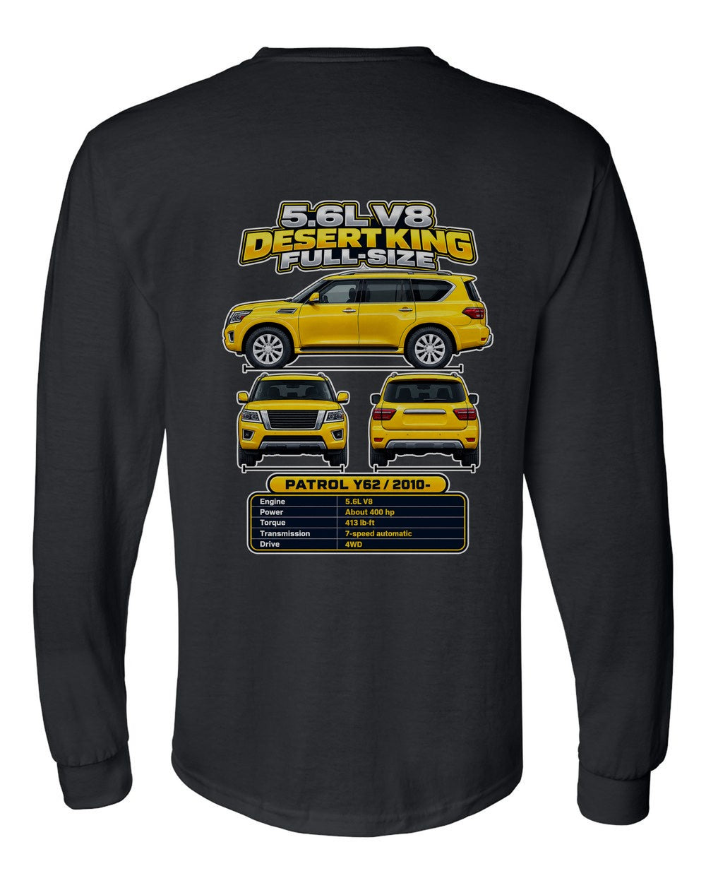 Nissan Patrol Y62 spec sheet black long sleeve back view with the design