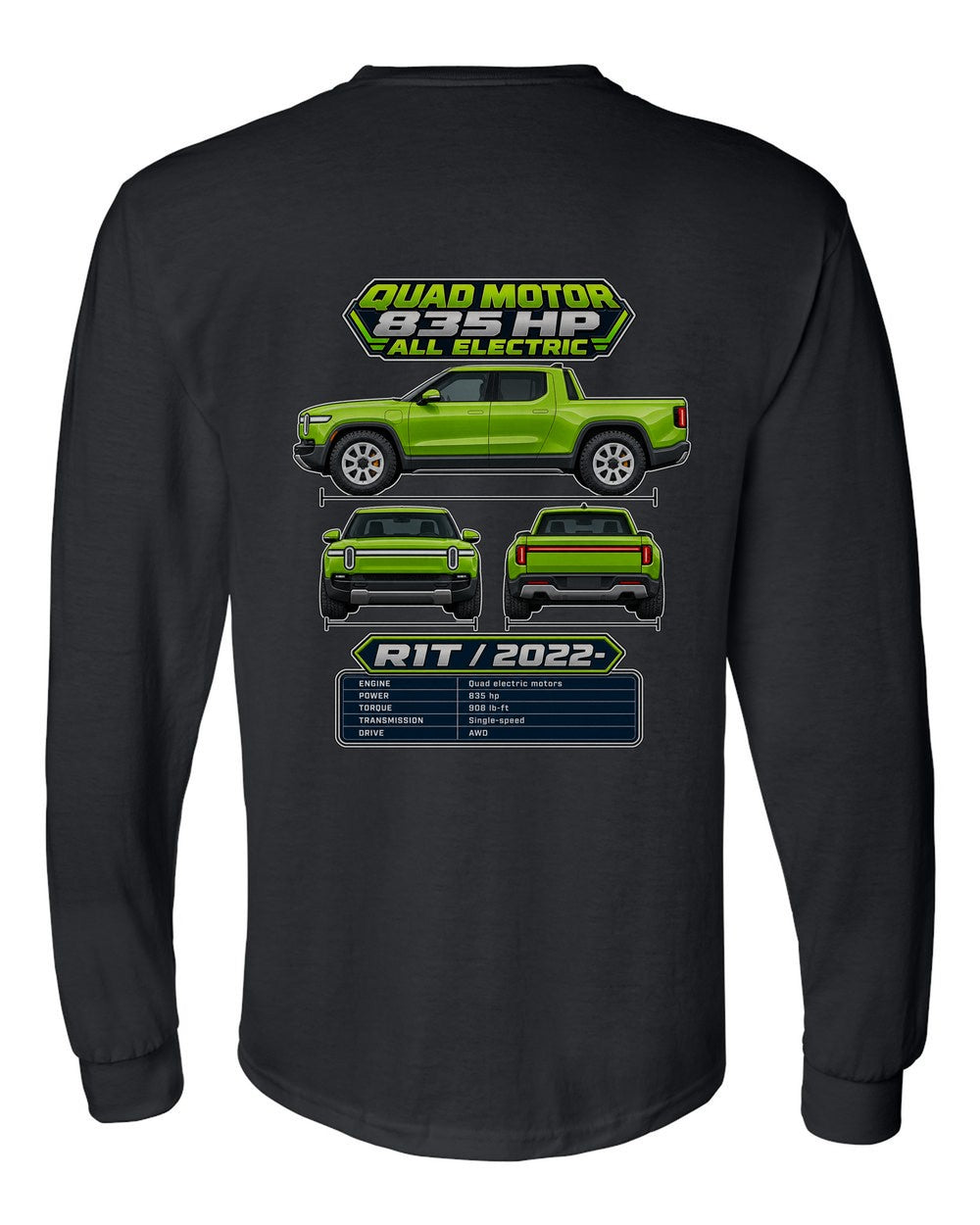 Rivian R1T spec sheet black long sleeve back view with the design