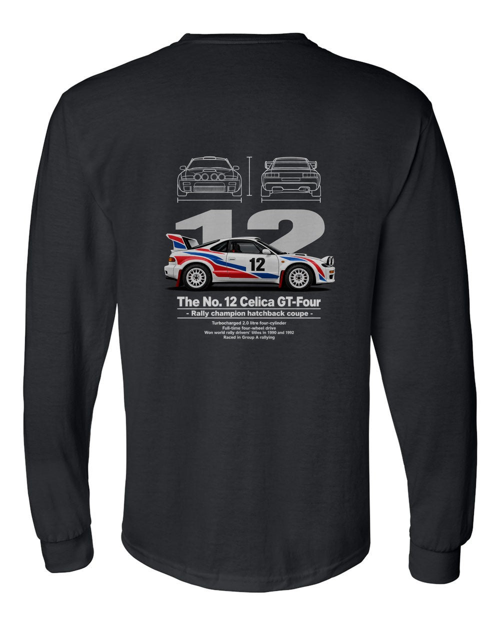 No. 12 Celica GT-Four black long sleeve back view with the design
