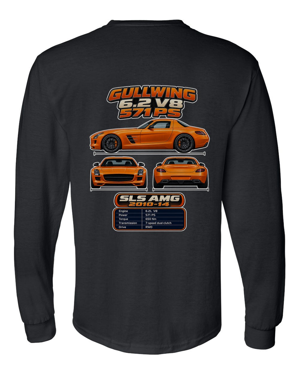 Mercedes Sls AMG spec sheet black long sleeve back view with the design