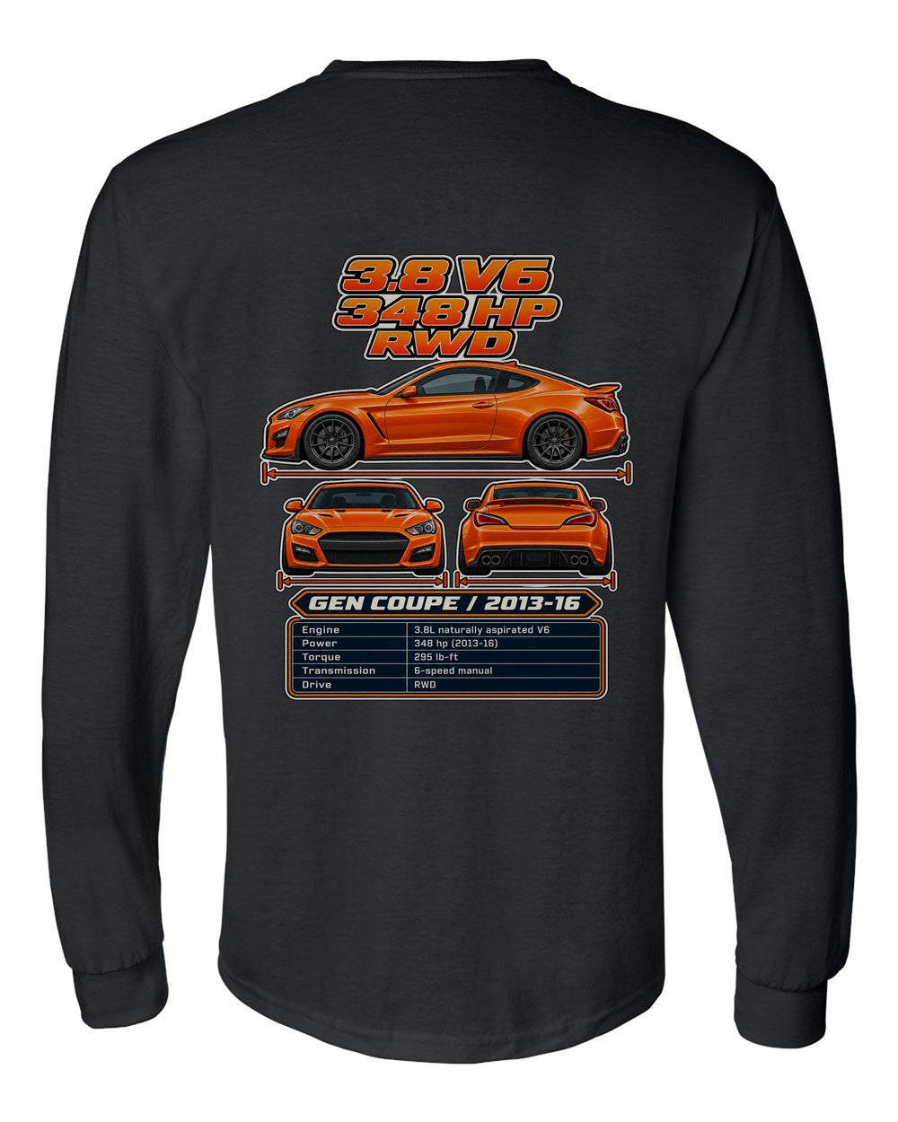 Hyundai Genesis Coupe 38 spec sheet black long sleeve back view with the design