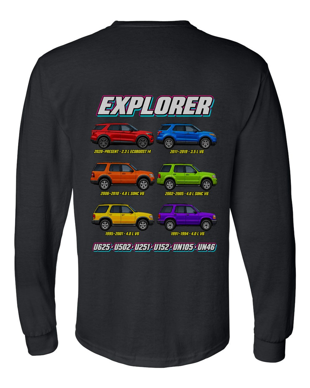 Ford Explorer evolution poster black long sleeve back view with the design