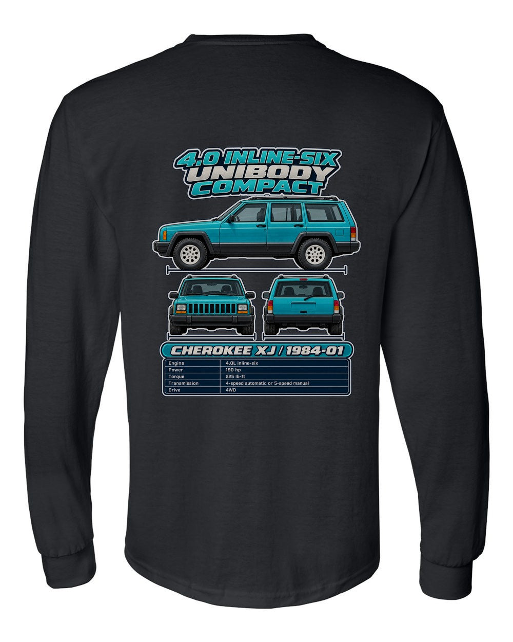 Jeep Cherokee Xj spec sheet black long sleeve back view with the design