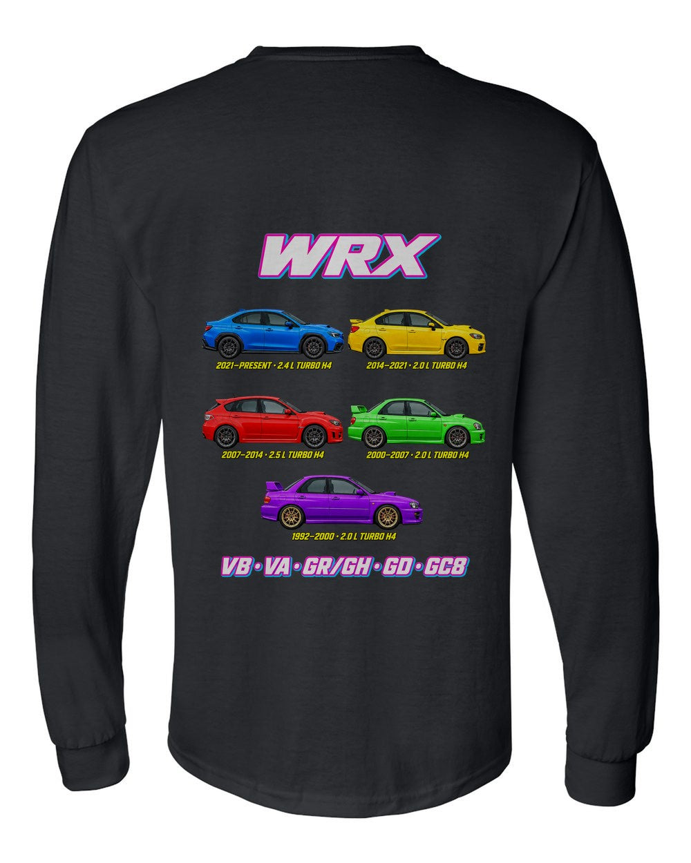 Subaru WRX evolution poster black long sleeve back view with the design