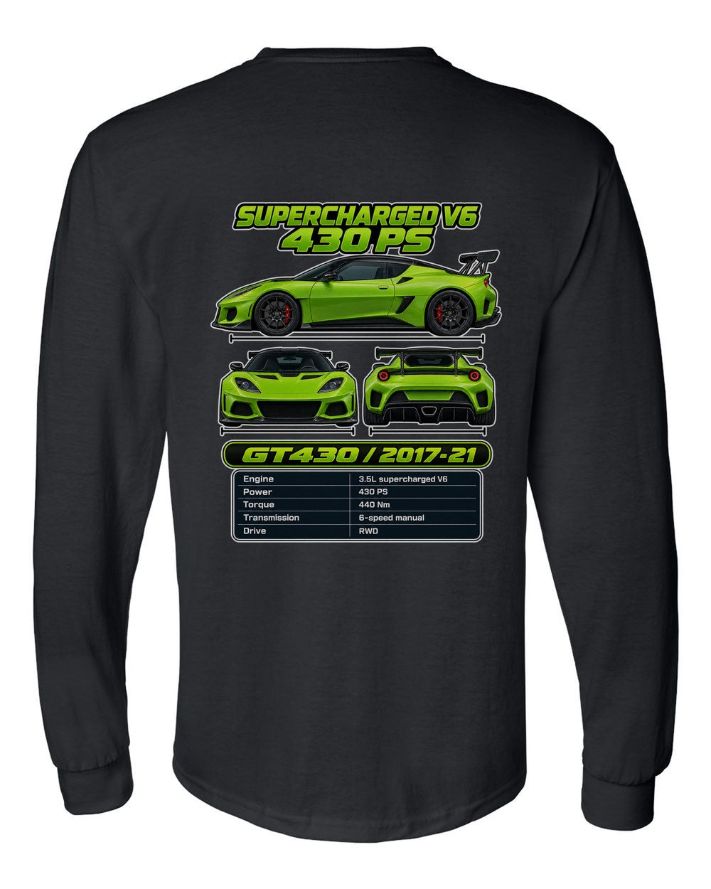 Lotus Evora Gt430 spec sheet black long sleeve back view with the design