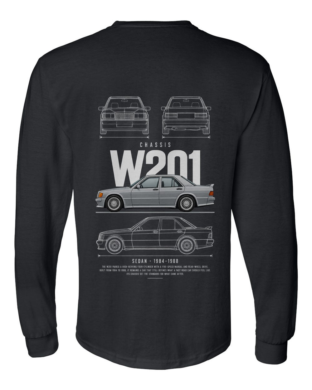 W201 full-back artwork black long sleeve back view with the design