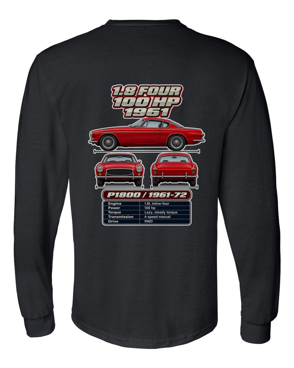 Volvo P1800 spec sheet black long sleeve back view with the design