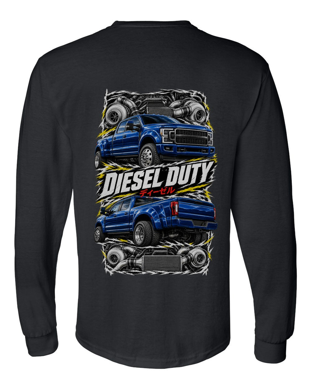 Ford F-250 Power Stroke torn poster black long sleeve back view with the design