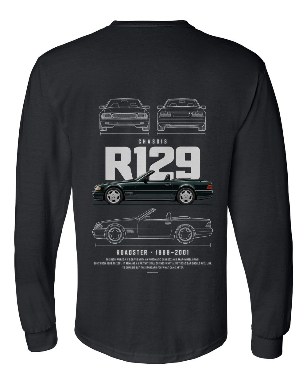R129 full-back artwork black long sleeve back view with the design