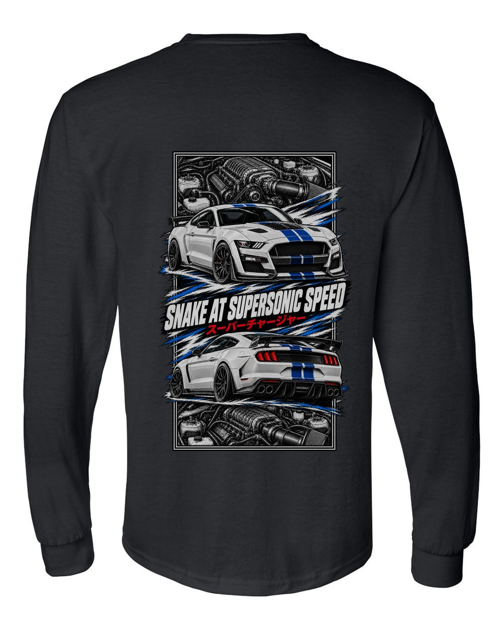 Shelby Gt500 torn poster black long sleeve back view with the design