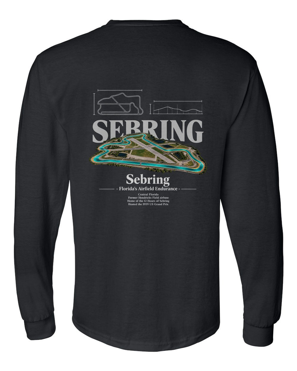 Sebring black long sleeve back view with the design