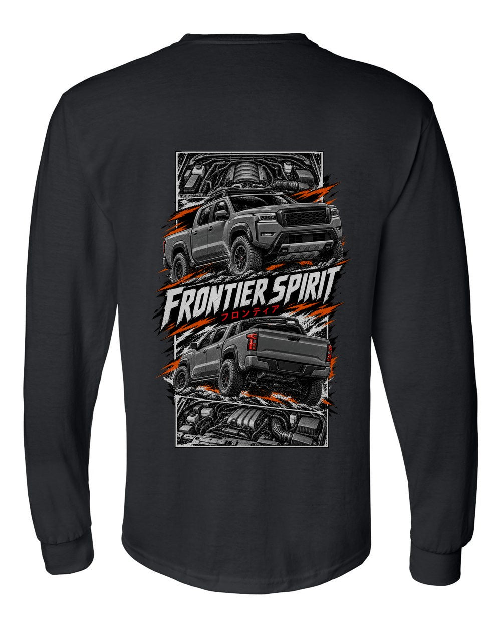 Nissan Frontier torn poster black long sleeve back view with the design