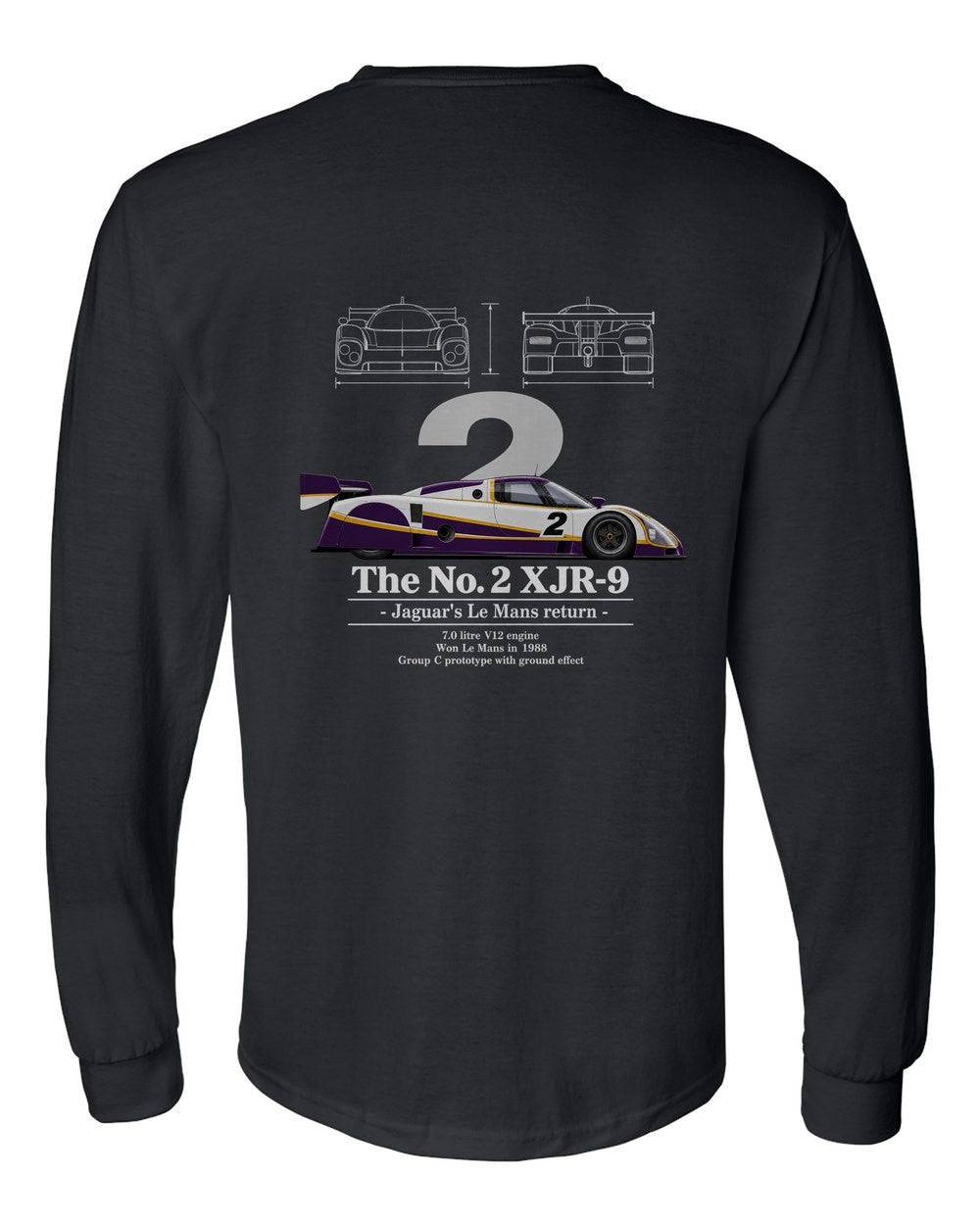 No. 2 XJR-9 black long sleeve back view with the design