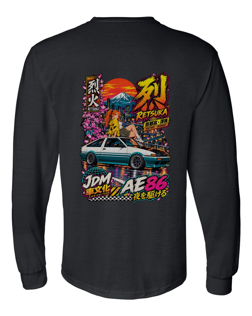 RETSUKA AE86 full-back artwork black long sleeve back view with the design