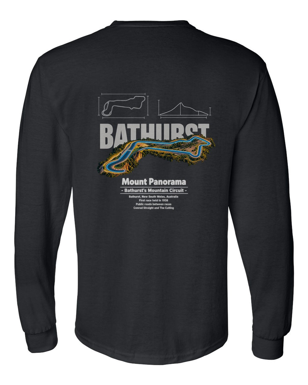 Mount Panorama black long sleeve back view with the design