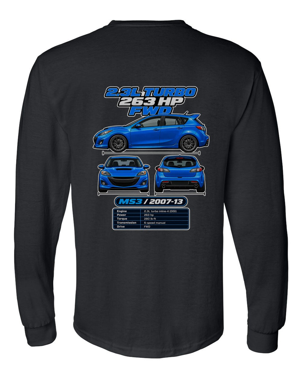 Mazda Mazdaspeed3 spec sheet black long sleeve back view with the design
