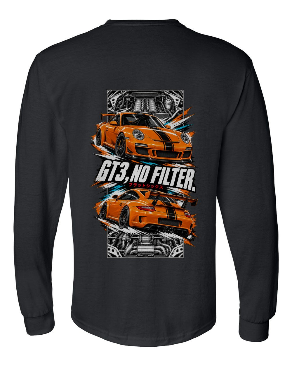 Porsche 997 Gt3 torn poster black long sleeve back view with the design