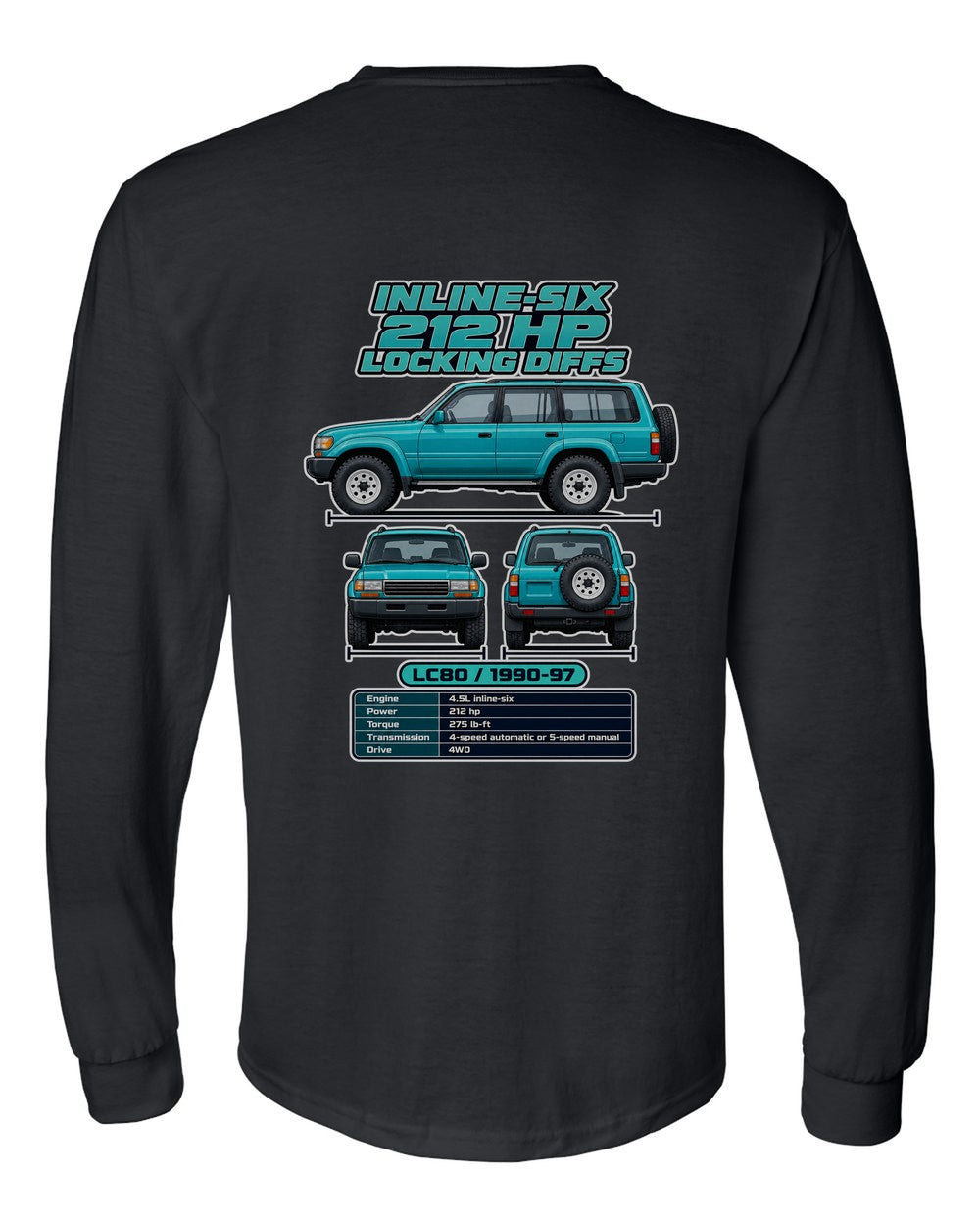 Toyota Land Cruiser 80 spec sheet black long sleeve back view with the design