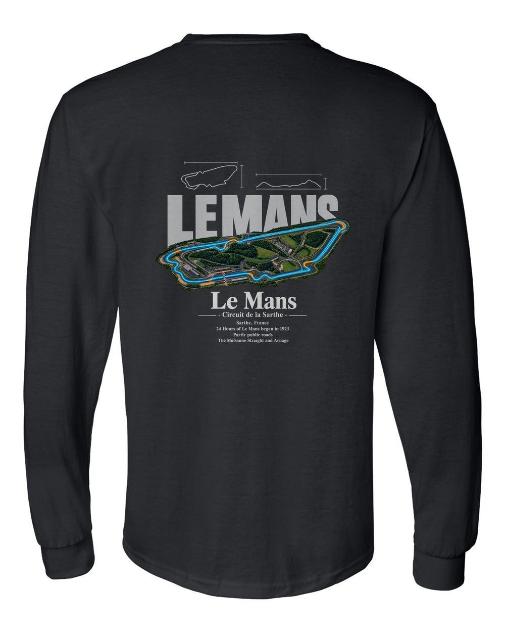 Le Mans black long sleeve back view with the design