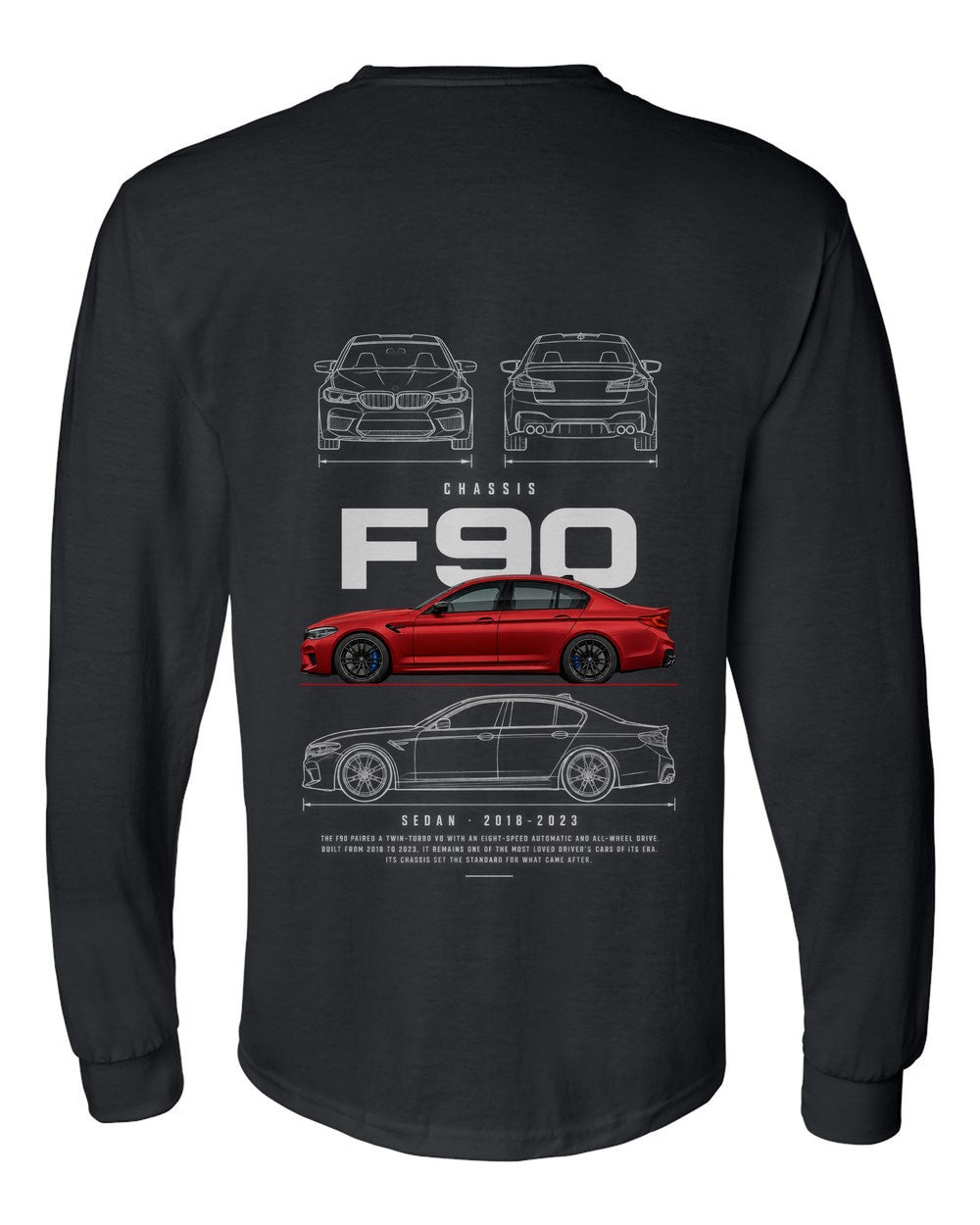 F90 full-back artwork black long sleeve back view with the design