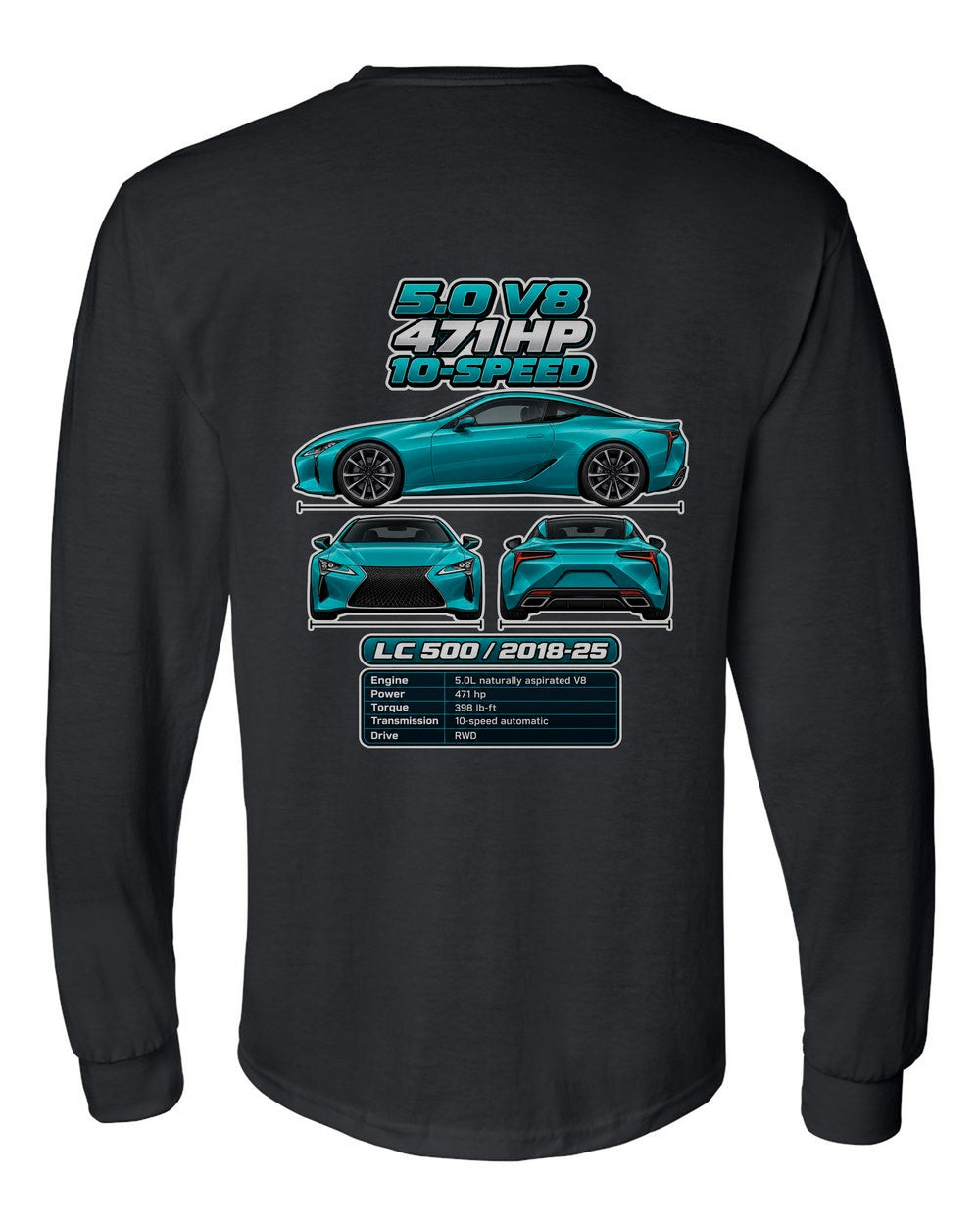 Lexus Lc 500 spec sheet black long sleeve back view with the design