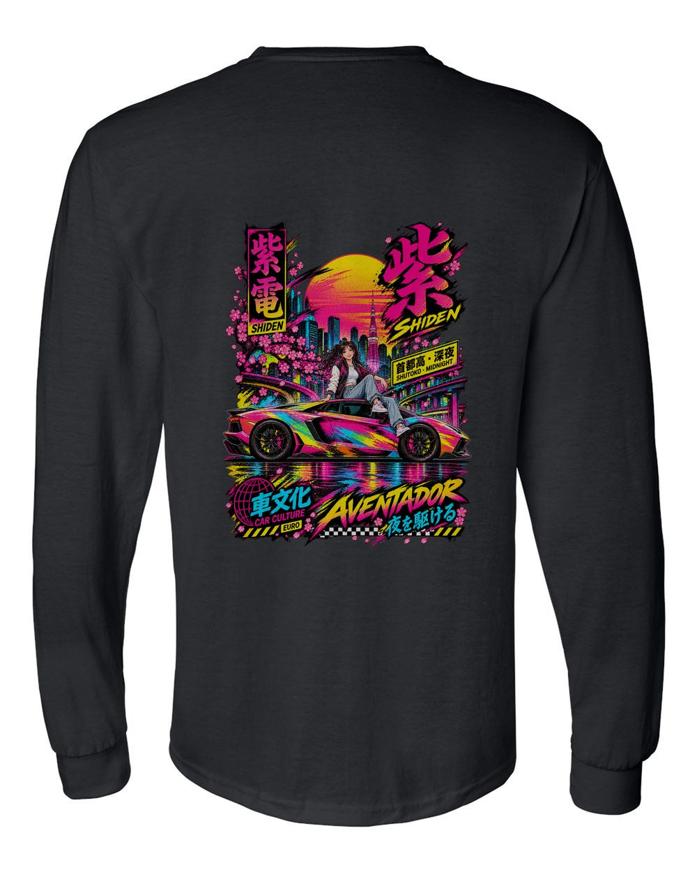 SHIDEN AVENTADOR full-back artwork black long sleeve back view with the design