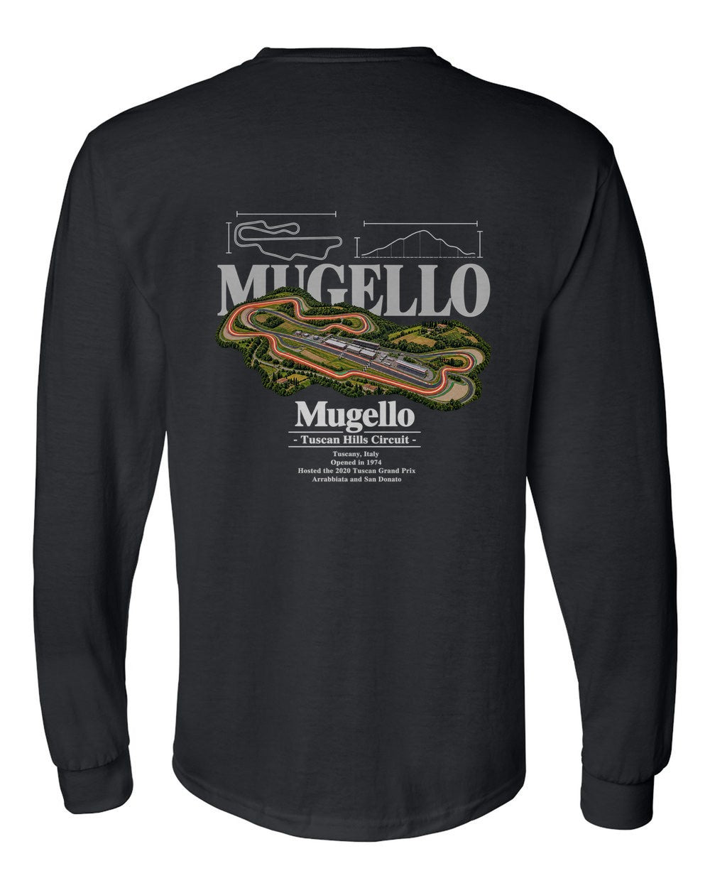 Mugello black long sleeve back view with the design