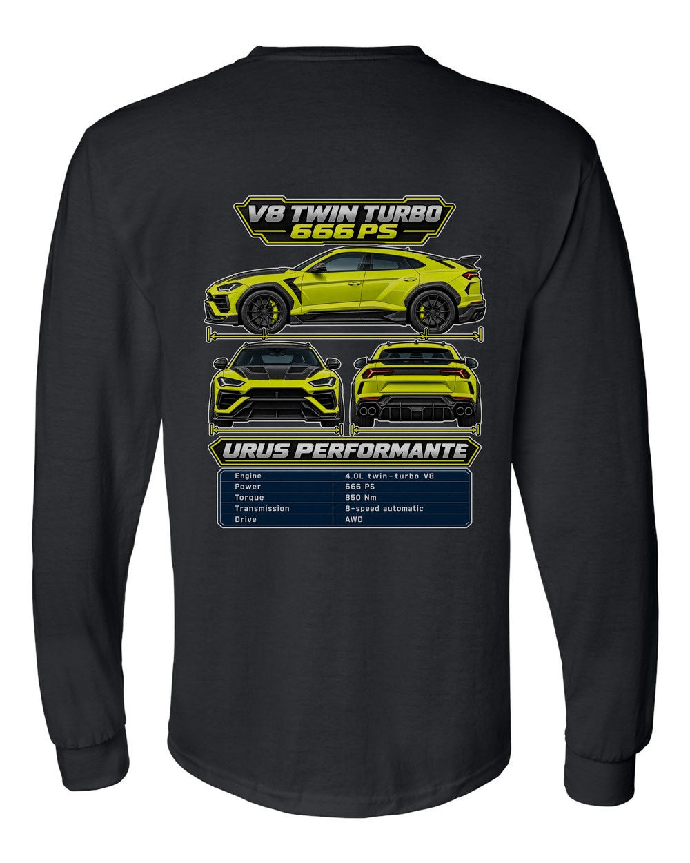 Lamborghini Urus Performante spec sheet black long sleeve back view with the design