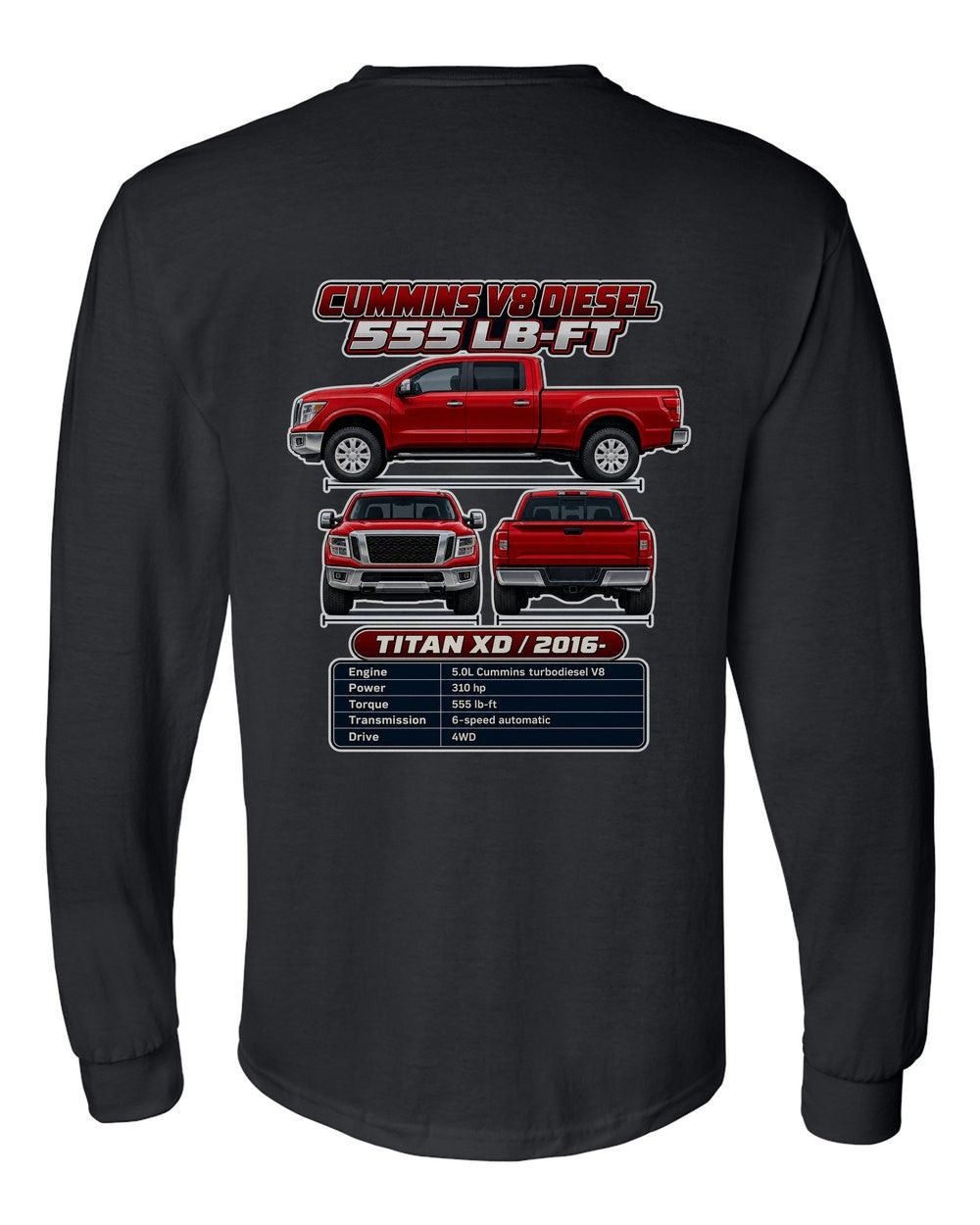 Nissan Titan Xd spec sheet black long sleeve back view with the design