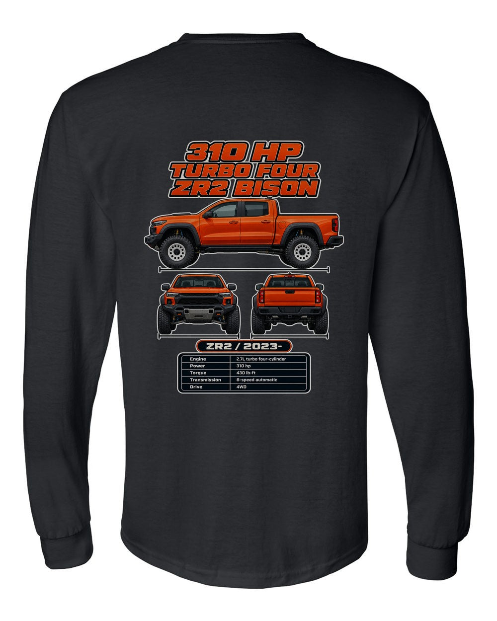 Chevrolet Colorado Zr2 Bison spec sheet black long sleeve back view with the design