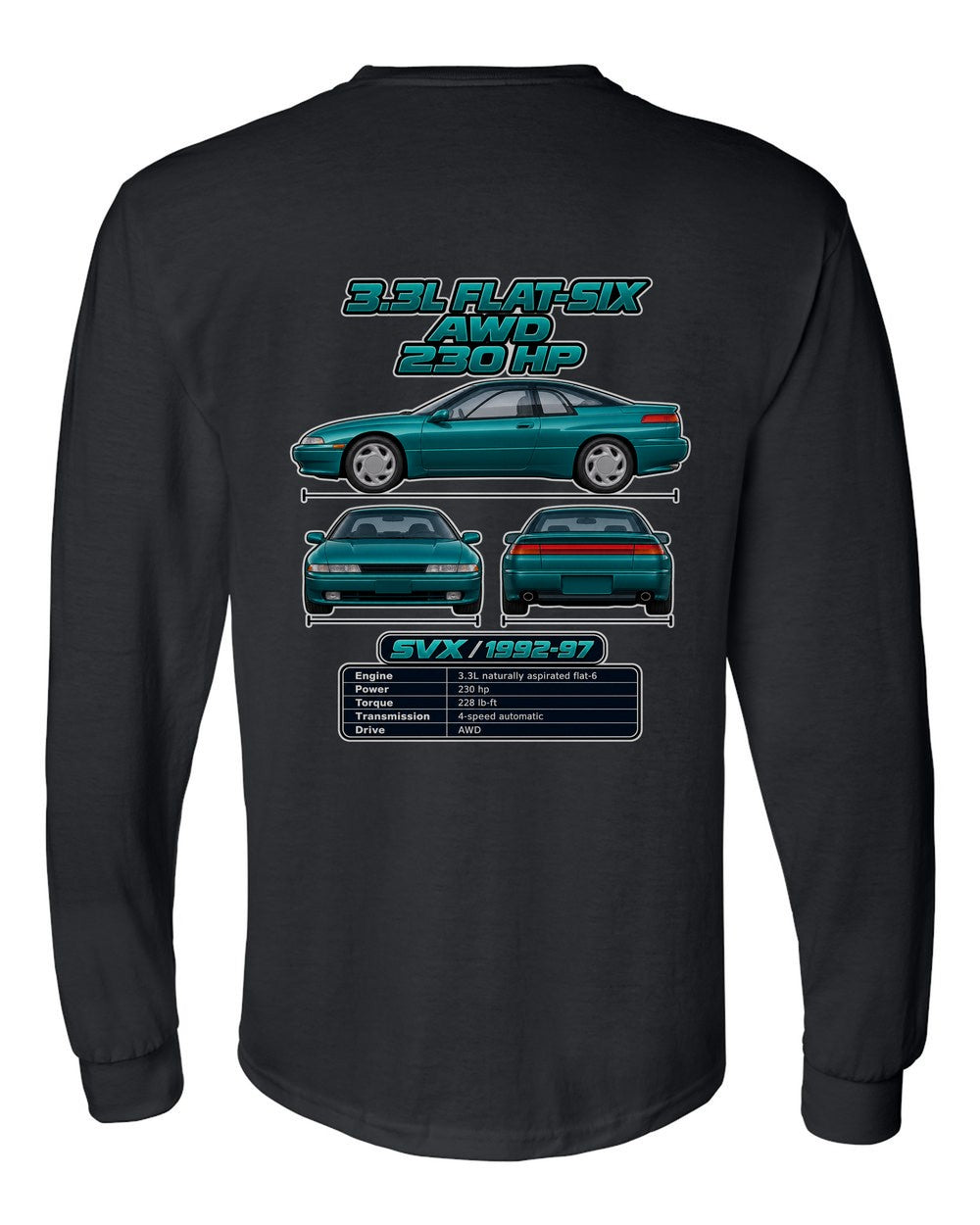 Subaru Svx spec sheet black long sleeve back view with the design