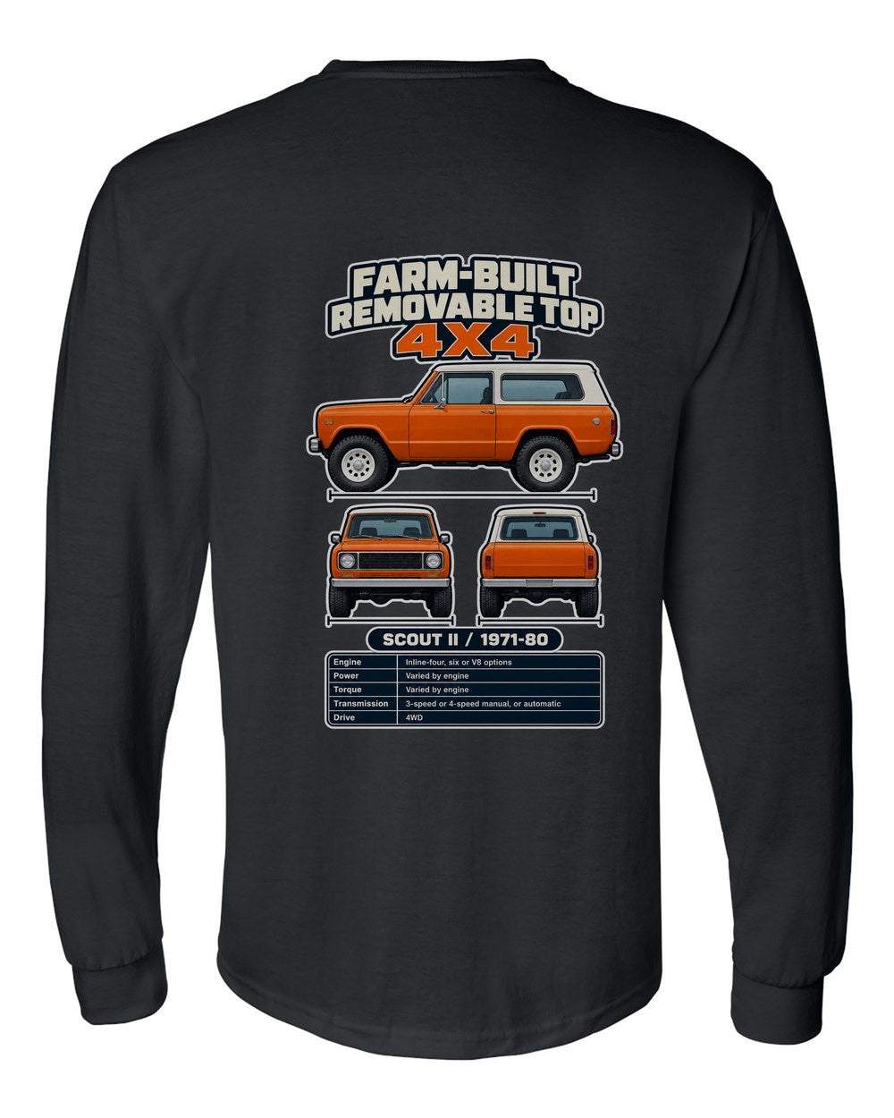 International Scout Ii spec sheet black long sleeve back view with the design