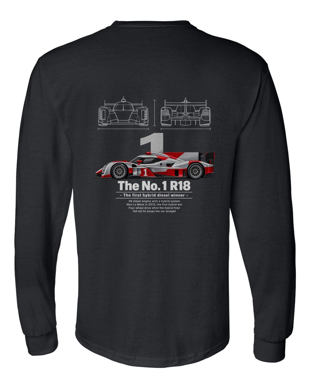 No. 1 R18 black long sleeve back view with the design