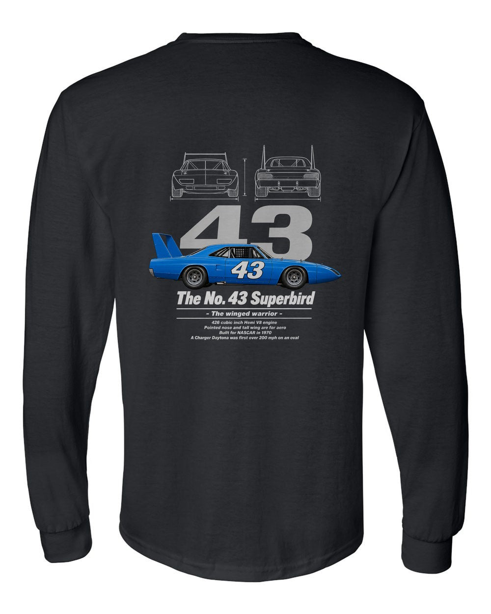 No. 43 Superbird black long sleeve back view with the design