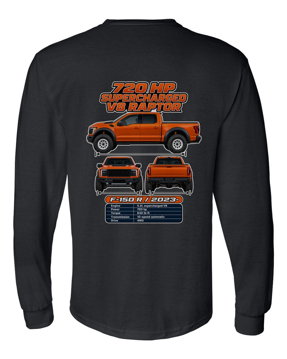 Ford F150 Raptor R spec sheet black long sleeve back view with the design