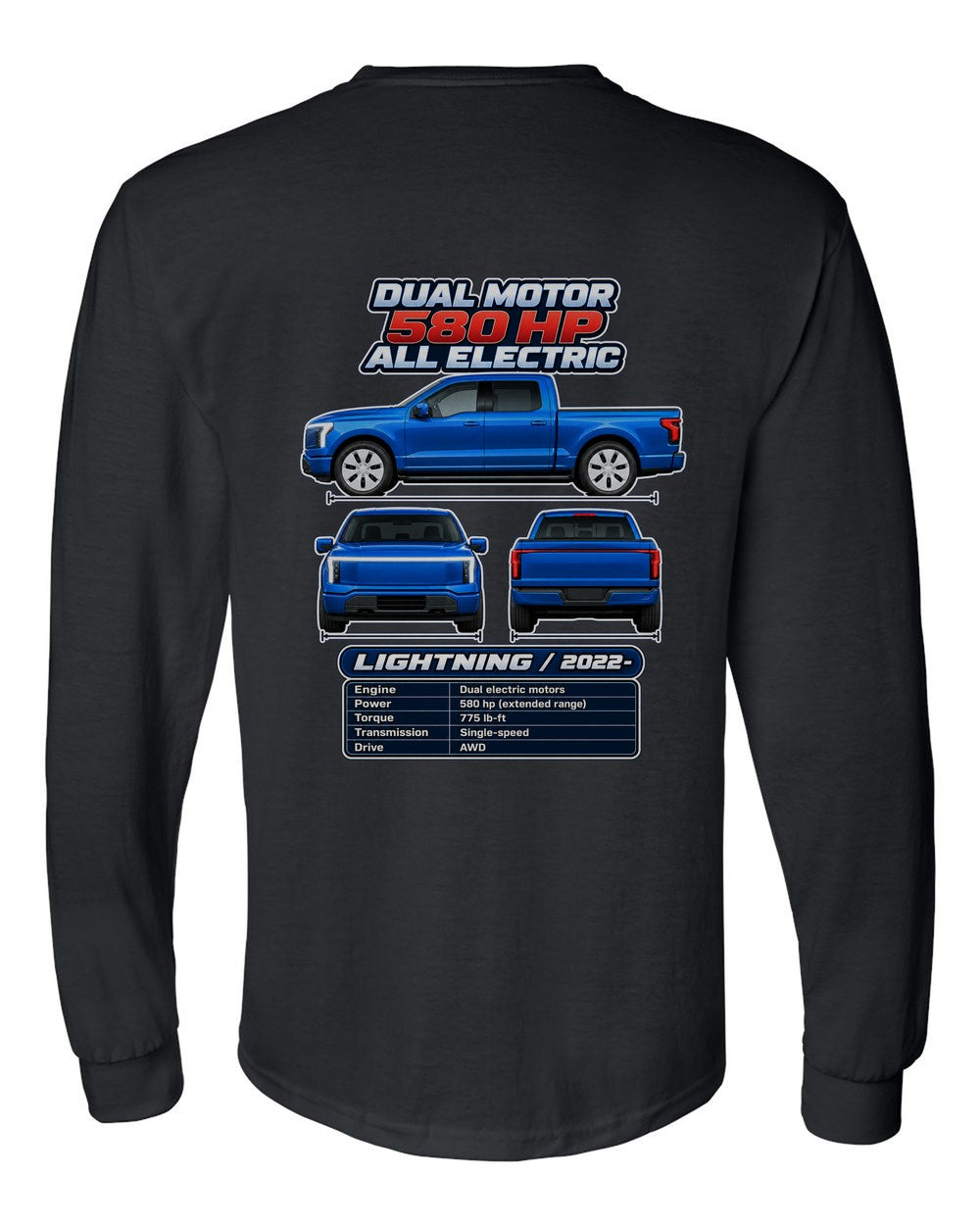 Ford F150 Lightning spec sheet black long sleeve back view with the design