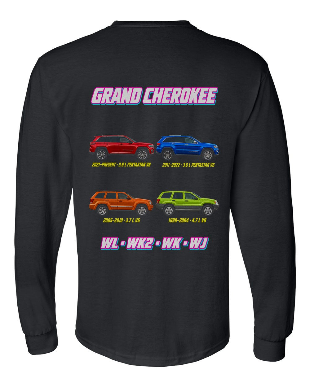 Jeep Grand Cherokee evolution poster black long sleeve back view with the design