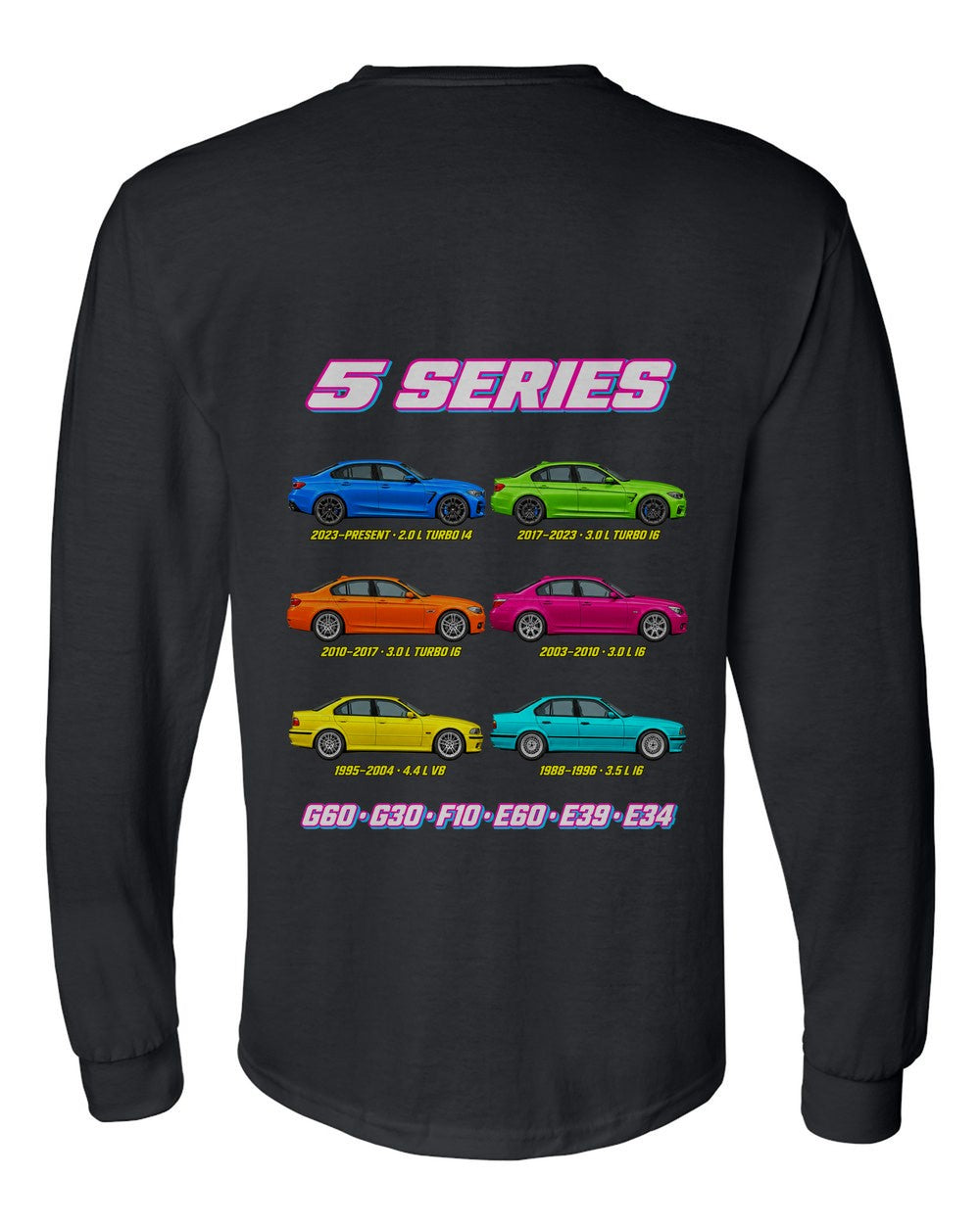 BMW 5 Series evolution poster black long sleeve back view with the design