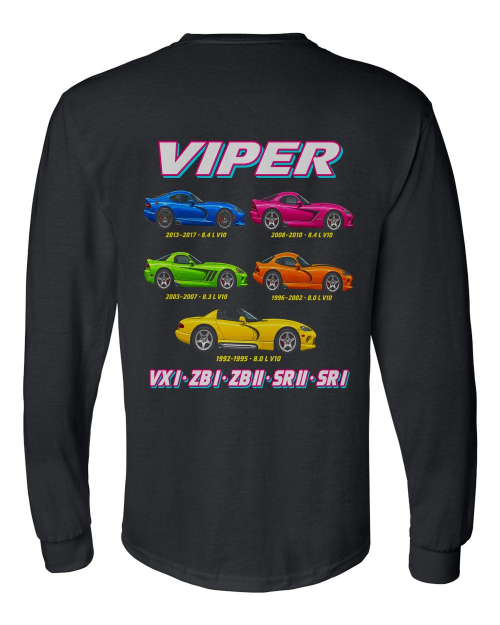 Dodge Viper evolution poster black long sleeve back view with the design