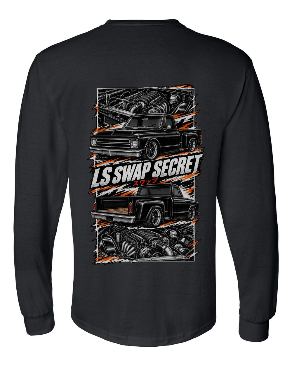 Chevy C10 LS Swap torn poster black long sleeve back view with the design