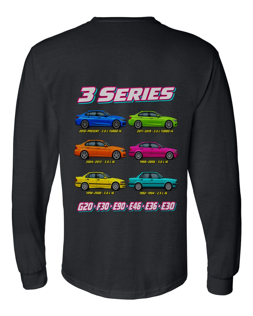BMW 3 Series evolution poster black long sleeve back view with the design