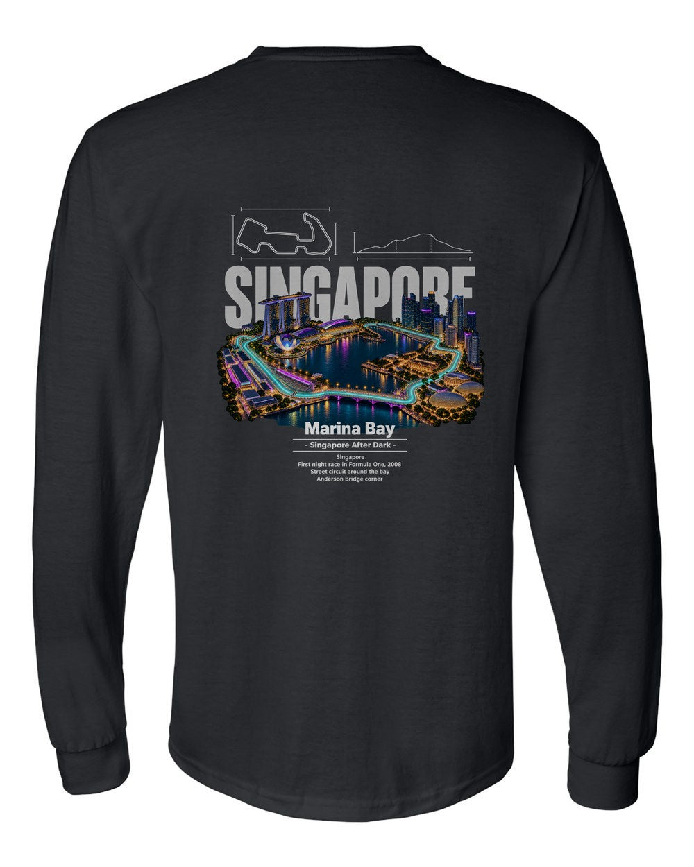 Marina Bay black long sleeve back view with the design