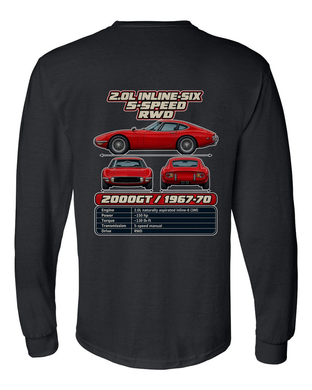 Toyota 2000Gt spec sheet black long sleeve back view with the design