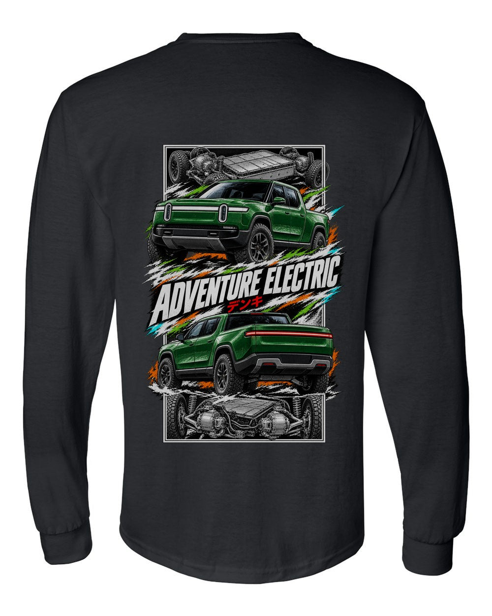Rivian R1T torn poster black long sleeve back view with the design