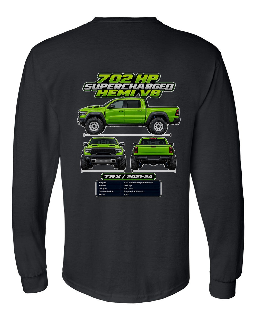RAM 1500 Trx spec sheet black long sleeve back view with the design