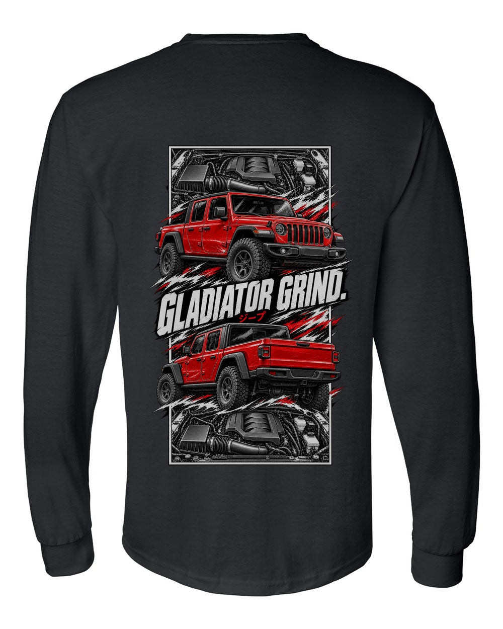Jeep Gladiator torn poster black long sleeve back view with the design