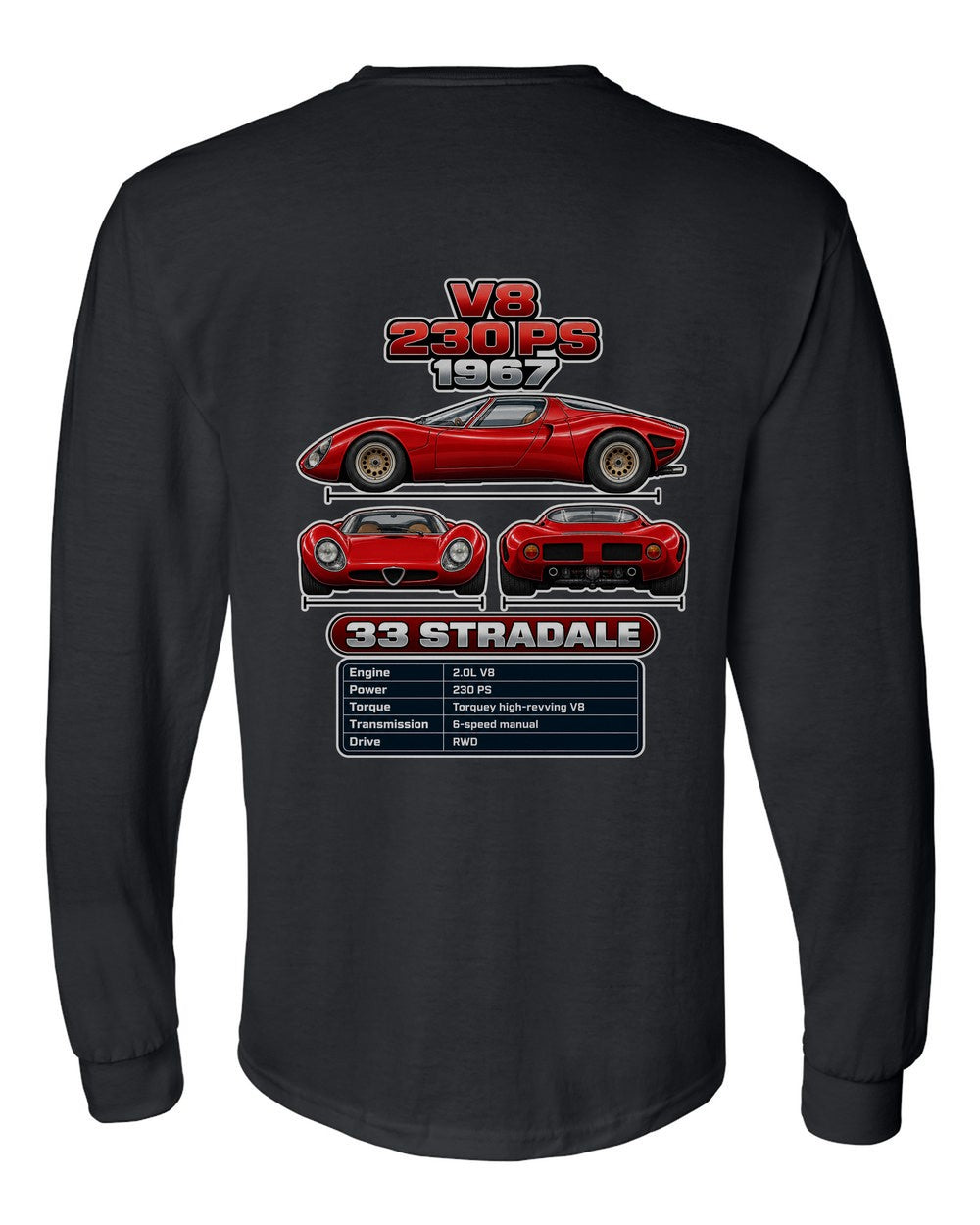 Alfa Romeo 33 Stradale spec sheet black long sleeve back view with the design